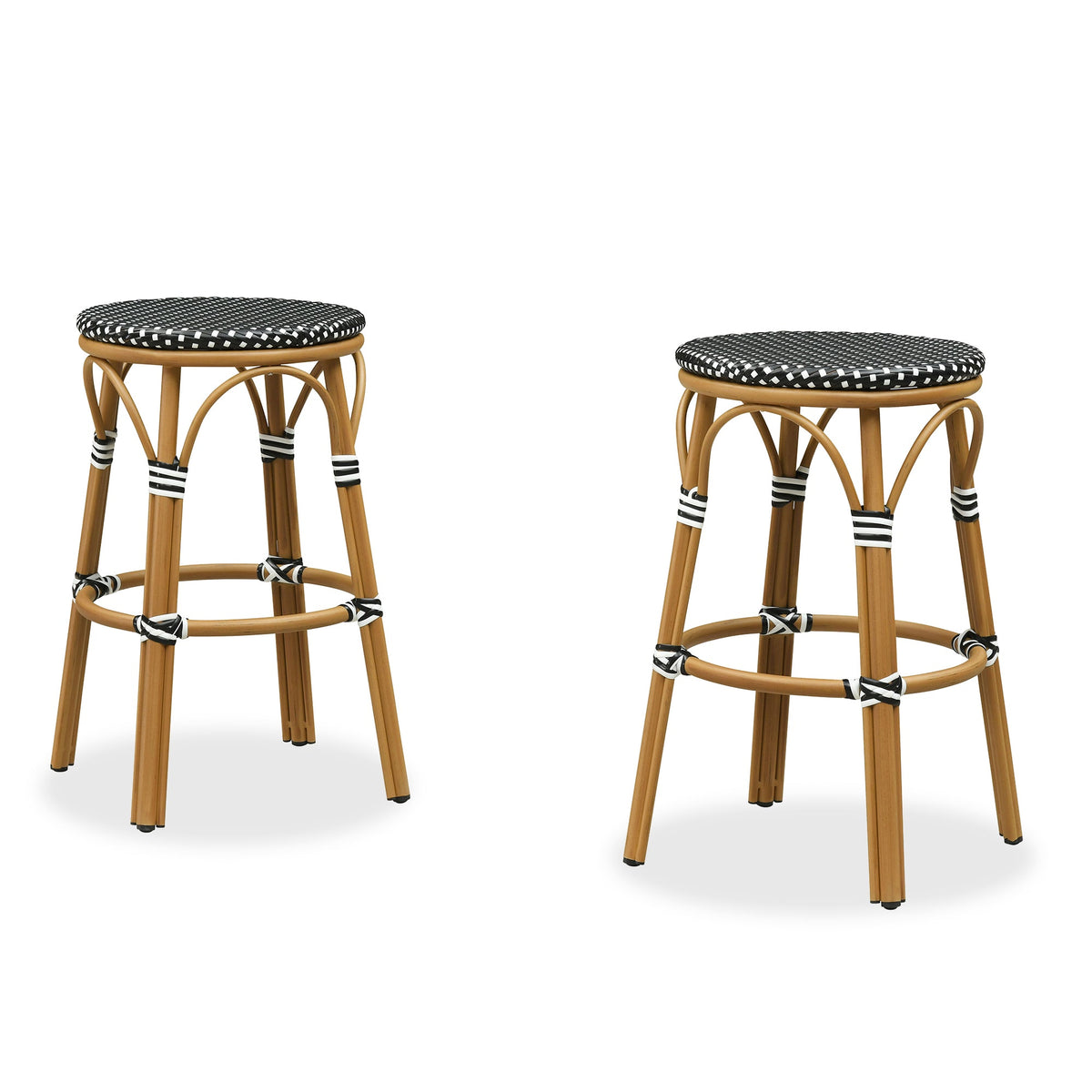 PURPLE LEAF Patio French Round Counter Stool Set of 2 Rattan Backless Stackable Barstools Aluminum Frame Footrest with Woven Wicker for Outdoor Kitchen Yard