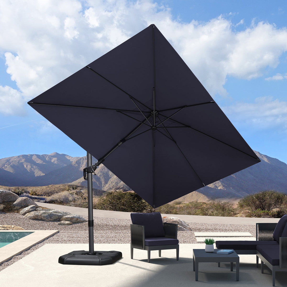 PURPLE LEAF Lateral Tilt Patio Umbrella with Base, 360° Swivel Cantilever Umbrella with Stand