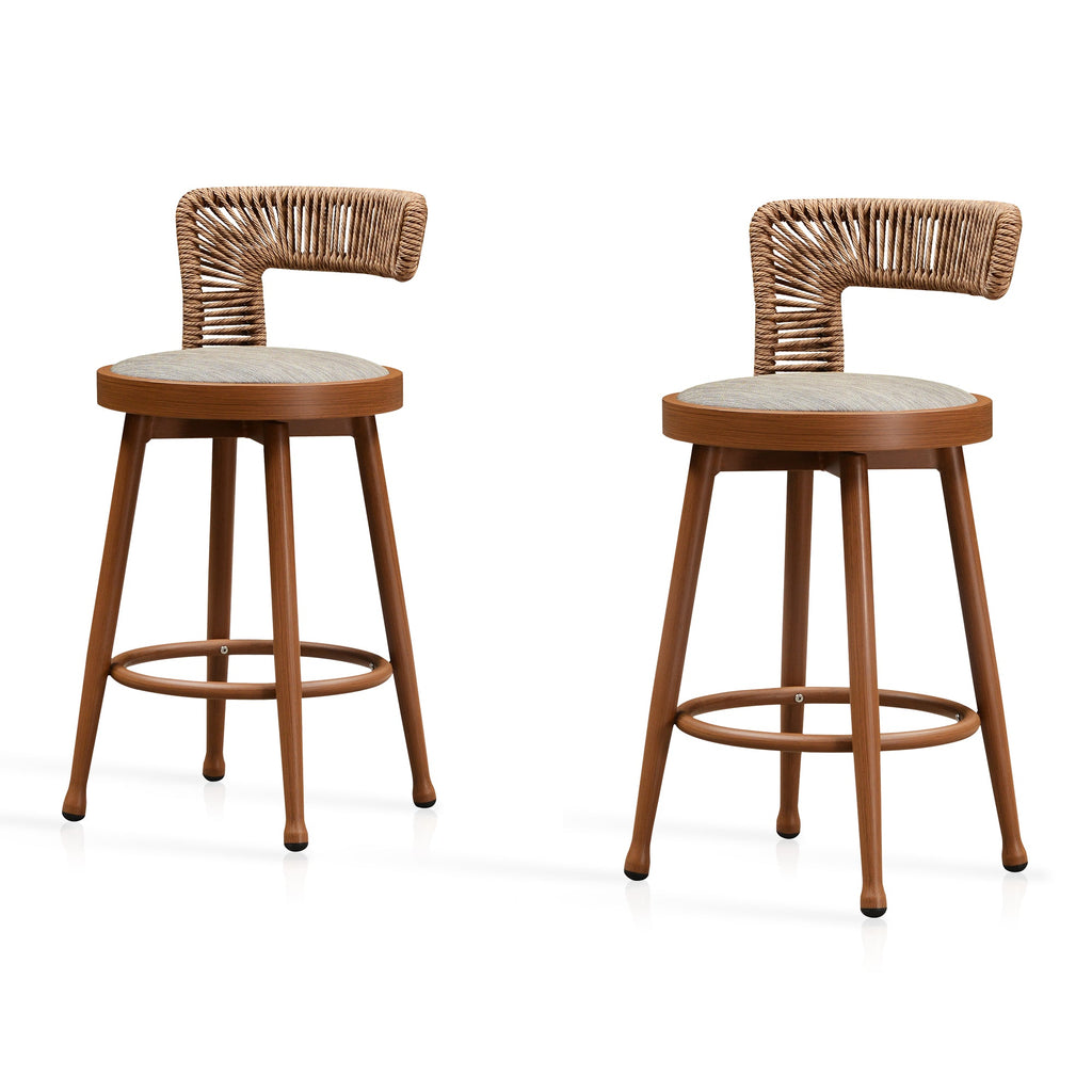 PURPLE LEAF Outdoor Swivel Bar Stools Set of 2 Metal Modern Rattan Bar Chairs with Backrest Aluminum Woven Barstools with Cushions
