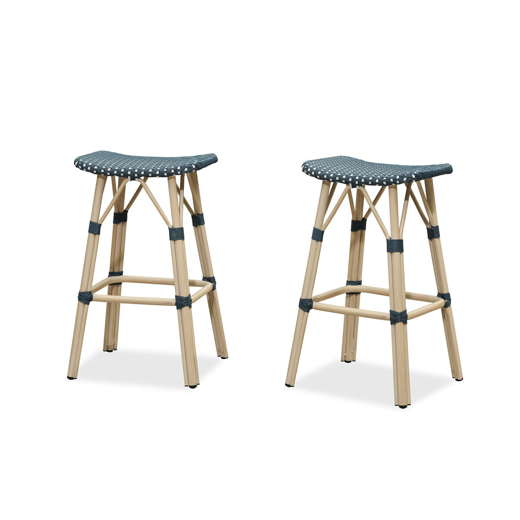 PURPLE LEAF Outdoor Bar Stools Set of 2 Backless Rattan Barstools with Saddle Seat and Footrest All Weather Aluminum Bar Chairs for Patio Kitchen Island Pool Balcony