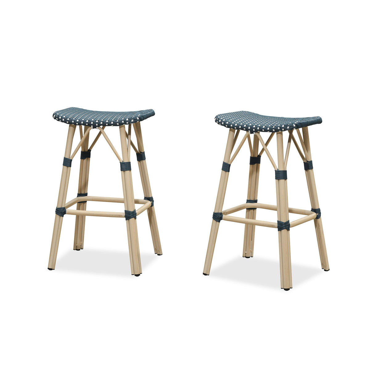 PURPLE LEAF Outdoor Bar Stools Set of 2 Backless Rattan Barstools with Saddle Seat and Footrest All Weather Aluminum Bar Chairs for Patio Kitchen Island Pool Balcony