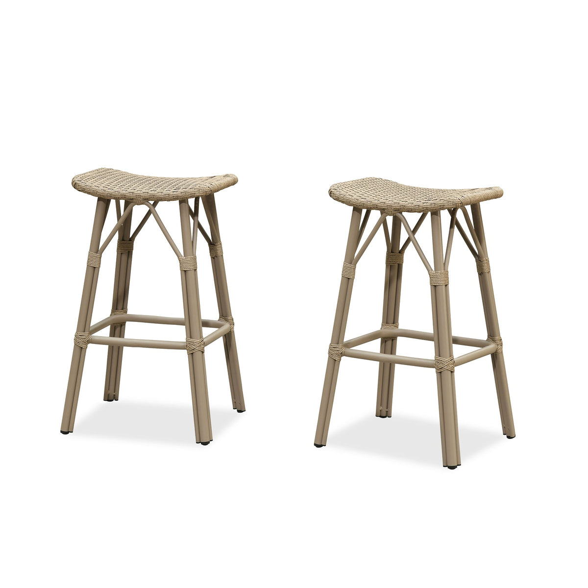PURPLE LEAF Outdoor Bar Stools Set of 2 Backless Rattan Barstools with Saddle Seat and Footrest All Weather Aluminum Bar Chairs for Patio Kitchen Island Pool Balcony