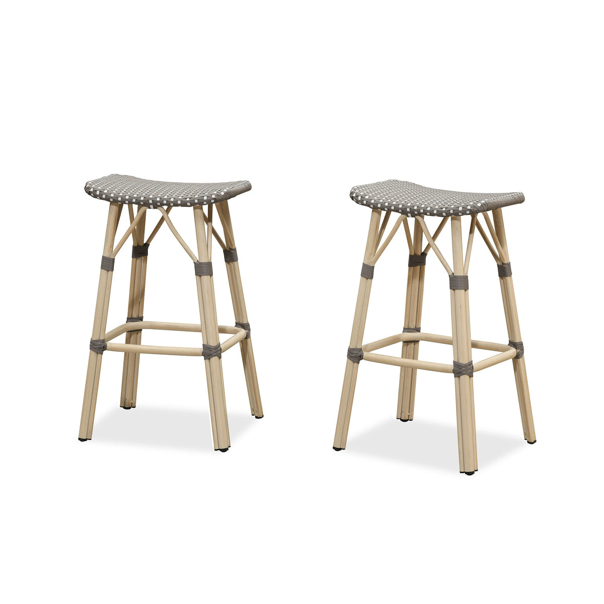 PURPLE LEAF Outdoor Bar Stools Set of 2 Backless Rattan Barstools with Saddle Seat and Footrest All Weather Aluminum Bar Chairs for Patio Kitchen Island Pool Balcony