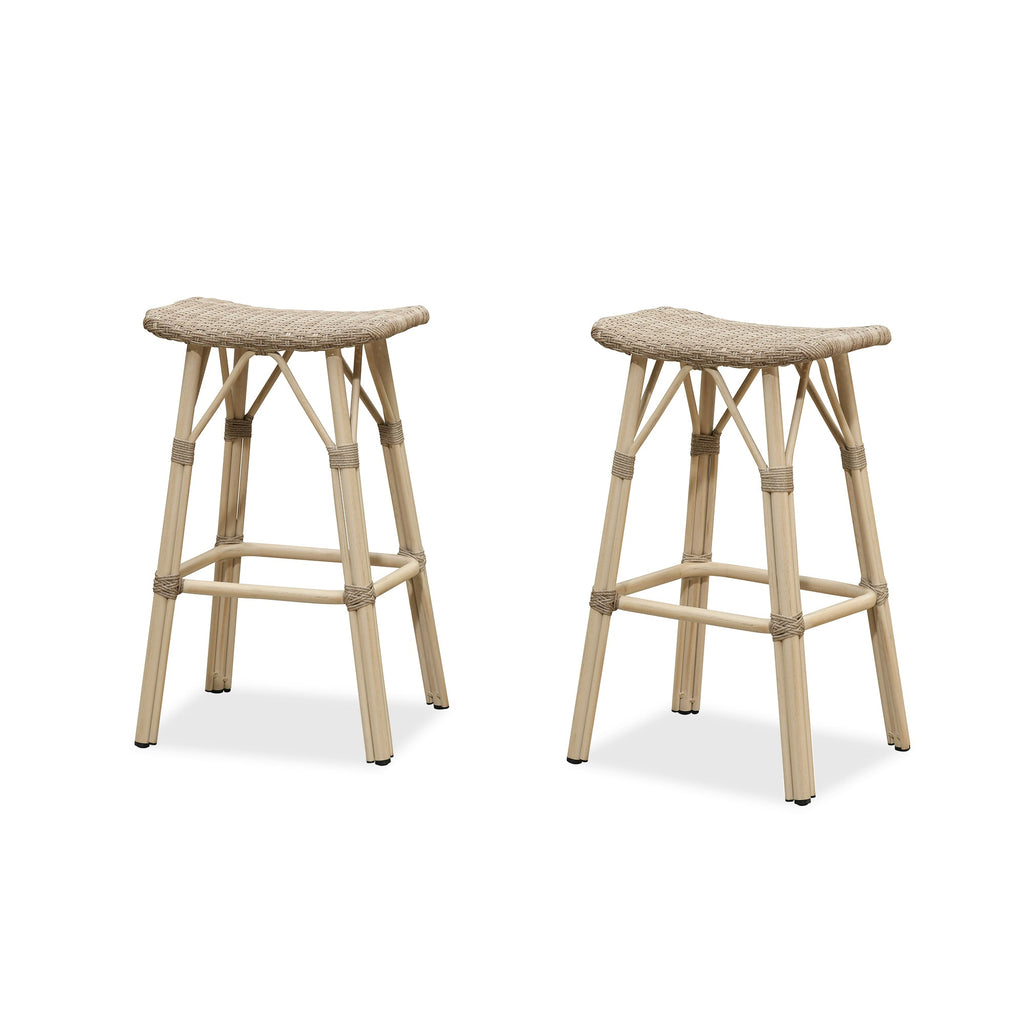 PURPLE LEAF Outdoor Bar Stools Set of 2 Backless Rattan Barstools with Saddle Seat and Footrest All Weather Aluminum Bar Chairs for Patio Kitchen Island Pool Balcony