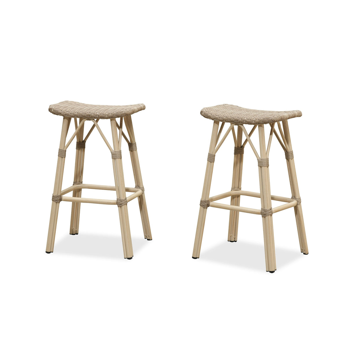 PURPLE LEAF Outdoor Bar Stools Set of 2 Backless Rattan Barstools with Saddle Seat and Footrest All Weather Aluminum Bar Chairs for Patio Kitchen Island Pool Balcony