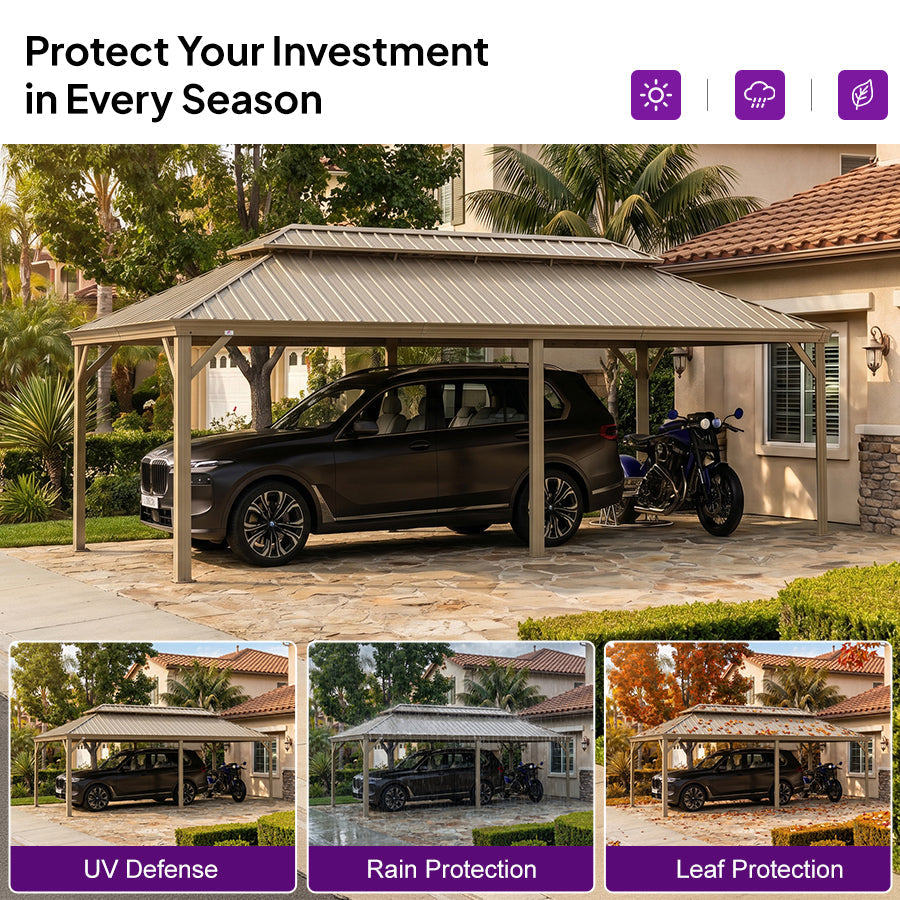 PURPLE LEAF Outdoor Carport Gazebo Champagne Steel Roof Aluminum Frame Shelter for Parking