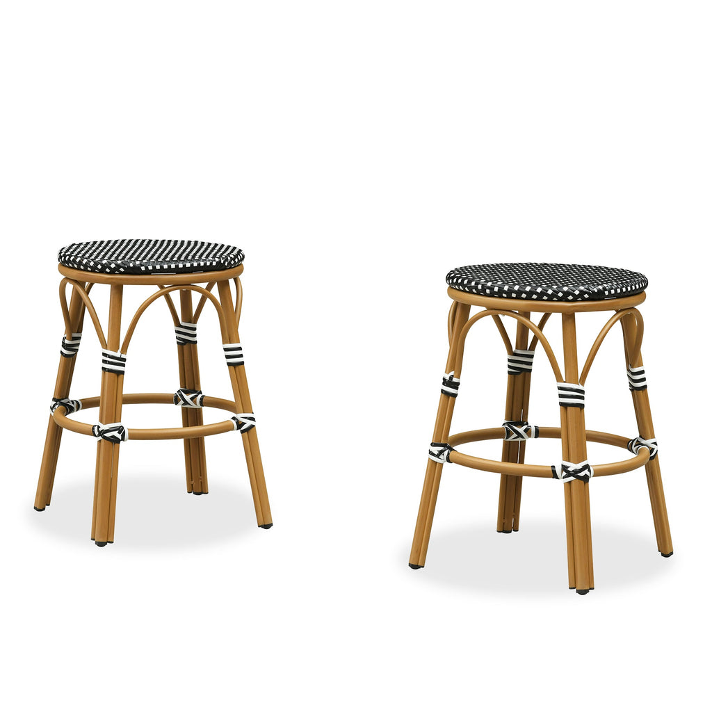 PURPLE LEAF Patio French Round Counter Stool Set of 2 Rattan Backless Stackable Barstools Aluminum Frame Footrest with Woven Wicker for Outdoor Kitchen Yard