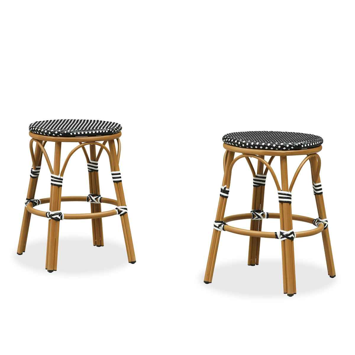 PURPLE LEAF Patio French Round Counter Stool Set of 2 Rattan Backless Stackable Barstools Aluminum Frame Footrest with Woven Wicker for Outdoor Kitchen Yard