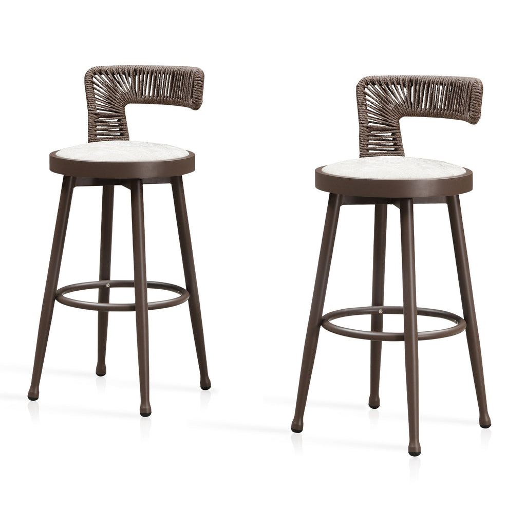 PURPLE LEAF Outdoor Swivel Bar Stools Set of 2 Metal Modern Rattan Bar Chairs with Backrest Aluminum Woven Barstools with Cushions