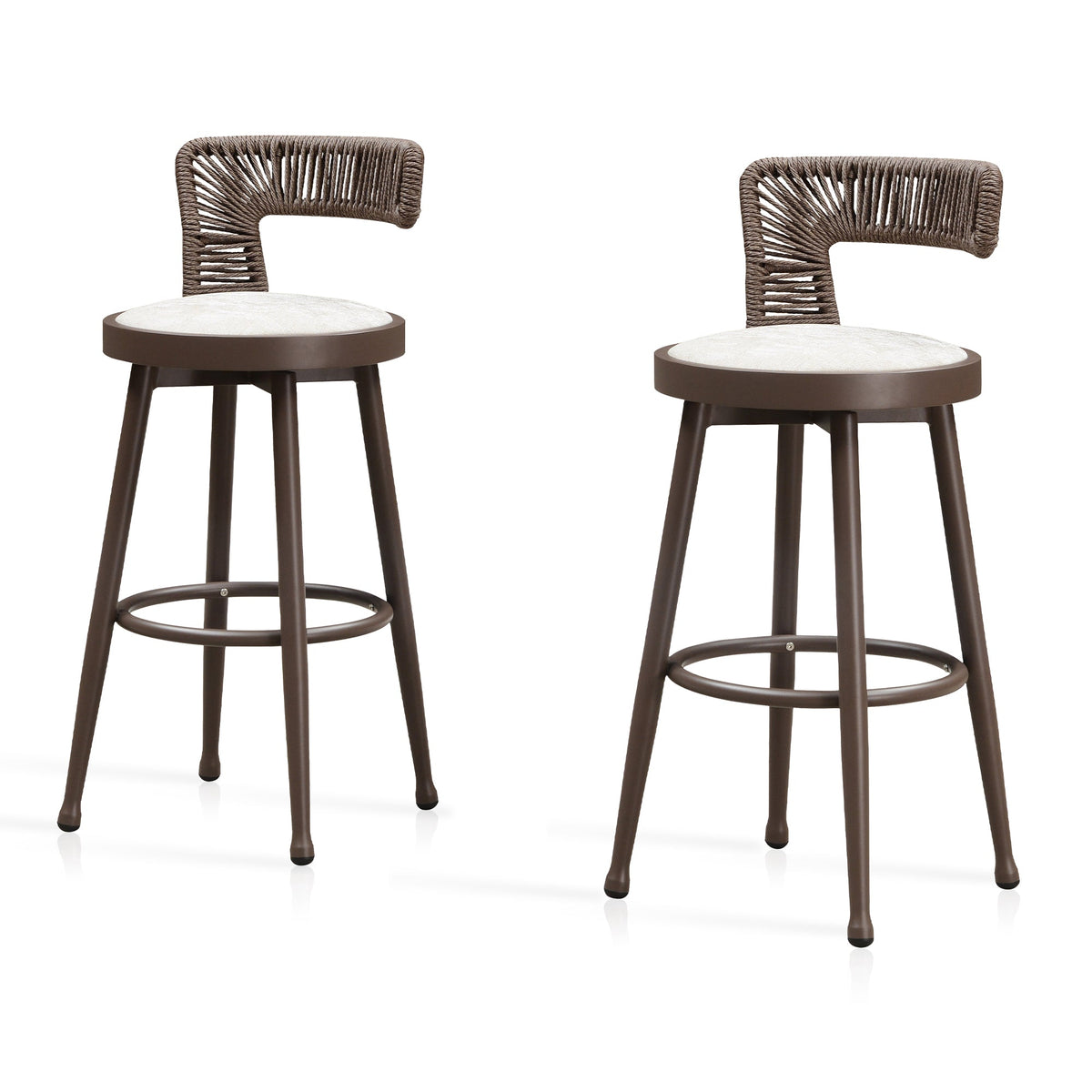 PURPLE LEAF Outdoor Swivel Bar Stools Set of 2 Metal Modern Rattan Bar Chairs with Backrest Aluminum Woven Barstools with Cushions