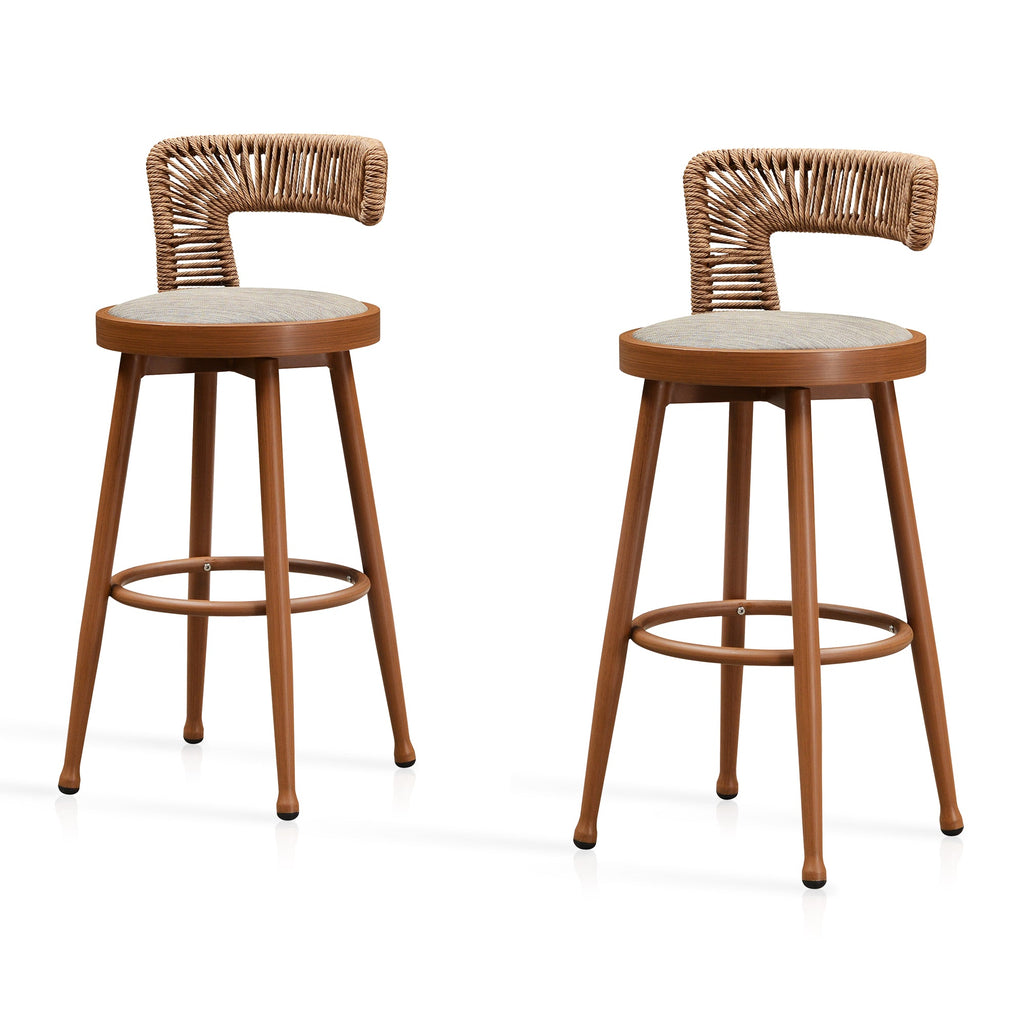 PURPLE LEAF Outdoor Swivel Bar Stools Set of 2 Metal Modern Rattan Bar Chairs with Backrest Aluminum Woven Barstools with Cushions