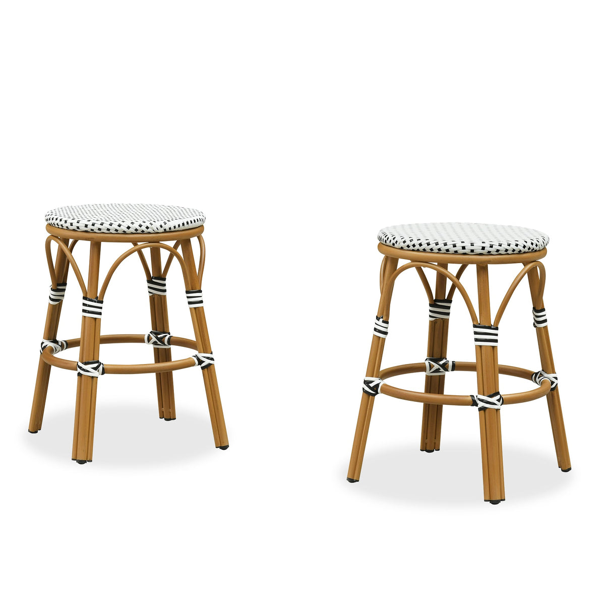 PURPLE LEAF Patio French Round Counter Stool Set of 2 Rattan Backless Stackable Barstools Aluminum Frame Footrest with Woven Wicker for Outdoor Kitchen Yard