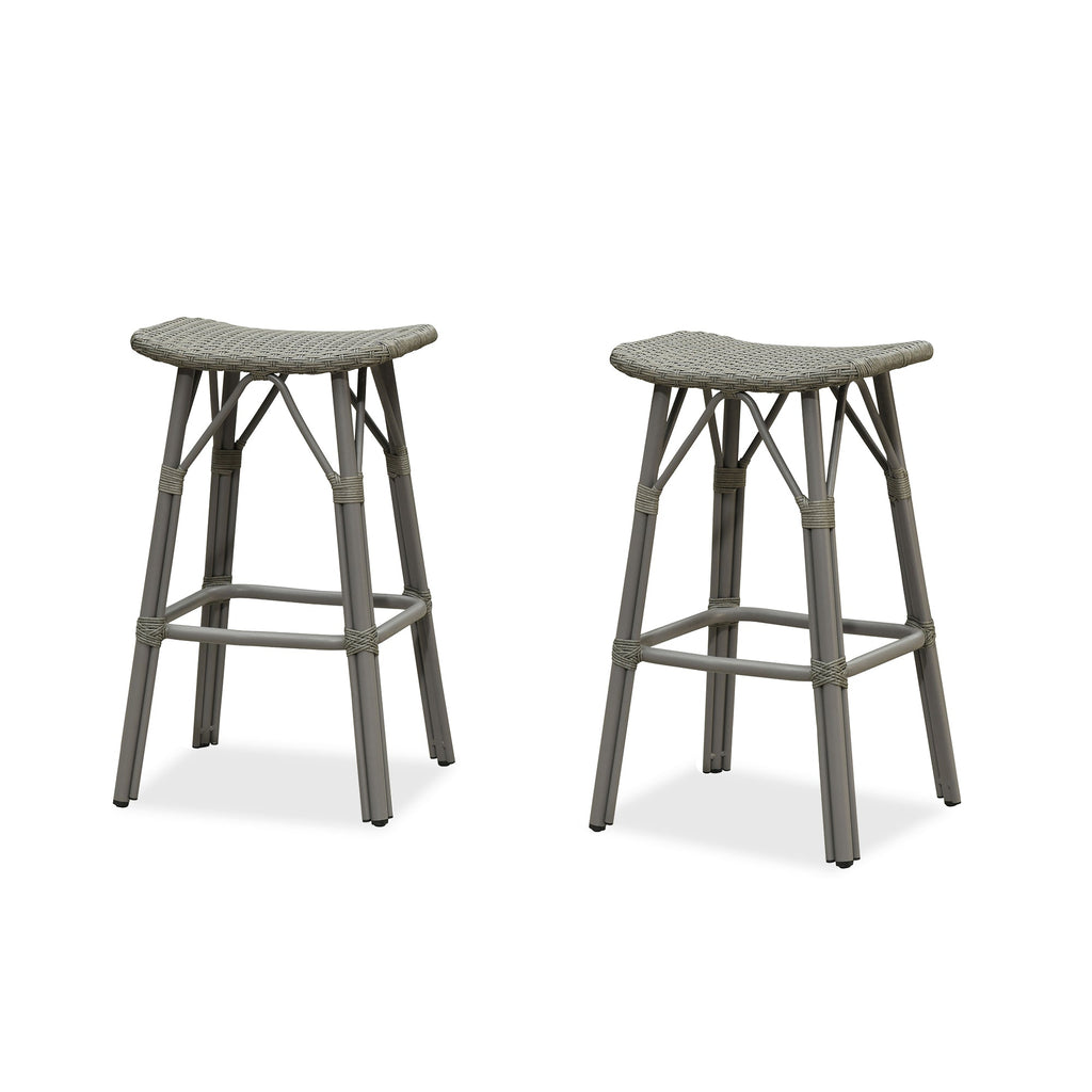 PURPLE LEAF Outdoor Bar Stools Set of 2 Backless Rattan Barstools with Saddle Seat and Footrest All Weather Aluminum Bar Chairs for Patio Kitchen Island Pool Balcony