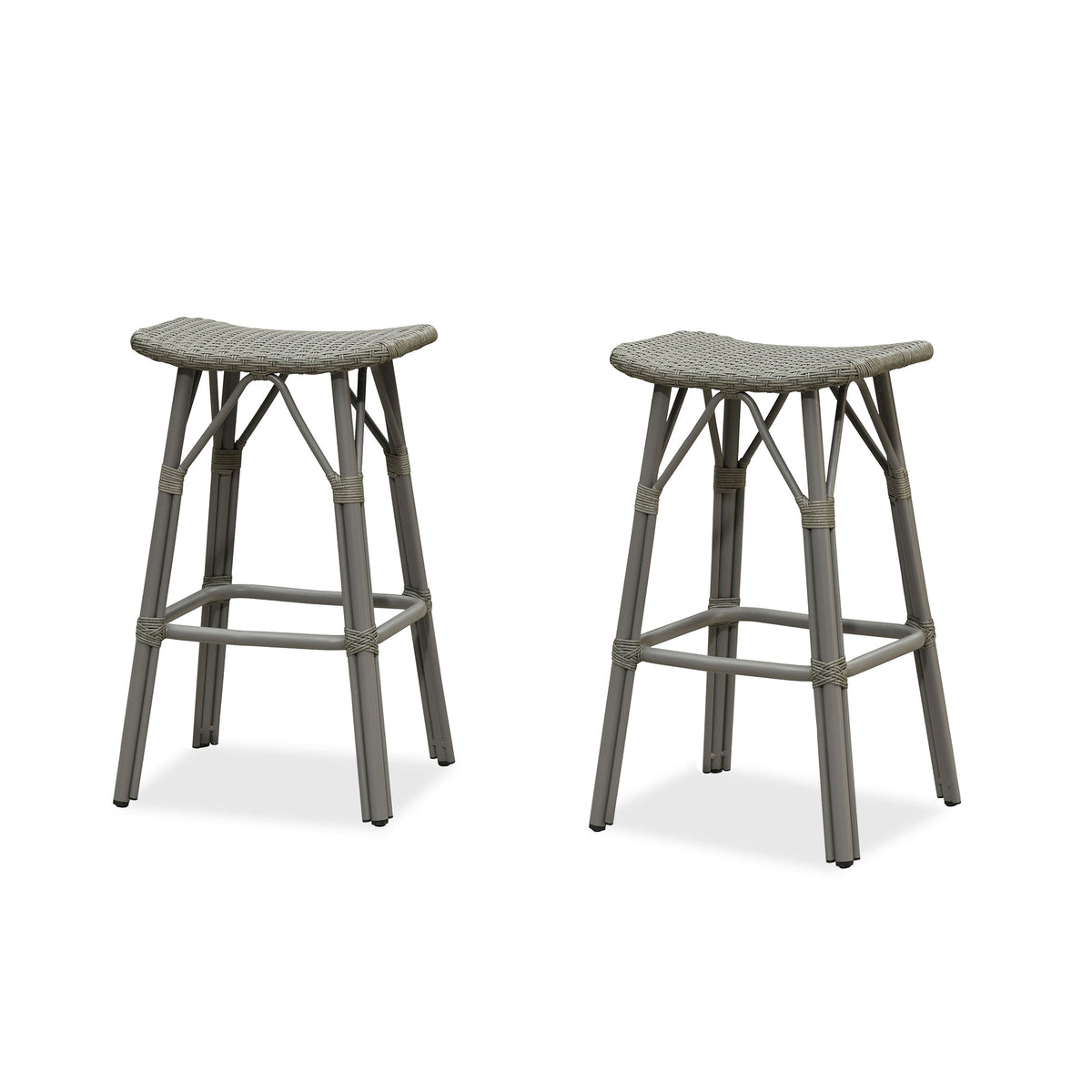 PURPLE LEAF Outdoor Bar Stools Set of 2 Backless Rattan Barstools with Saddle Seat and Footrest All Weather Aluminum Bar Chairs for Patio Kitchen Island Pool Balcony