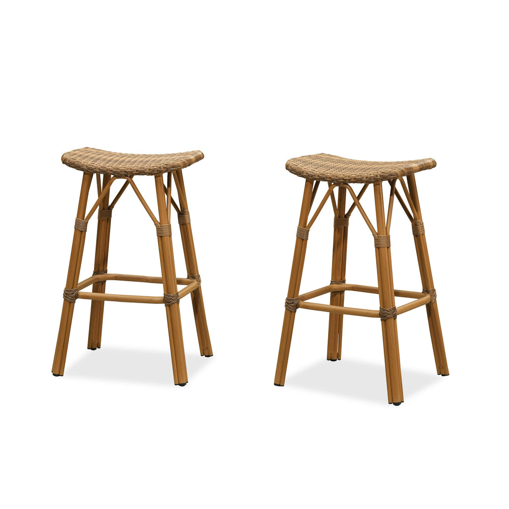 PURPLE LEAF Outdoor Bar Stools Set of 2 Backless Rattan Barstools with Saddle Seat and Footrest All Weather Aluminum Bar Chairs for Patio Kitchen Island Pool Balcony