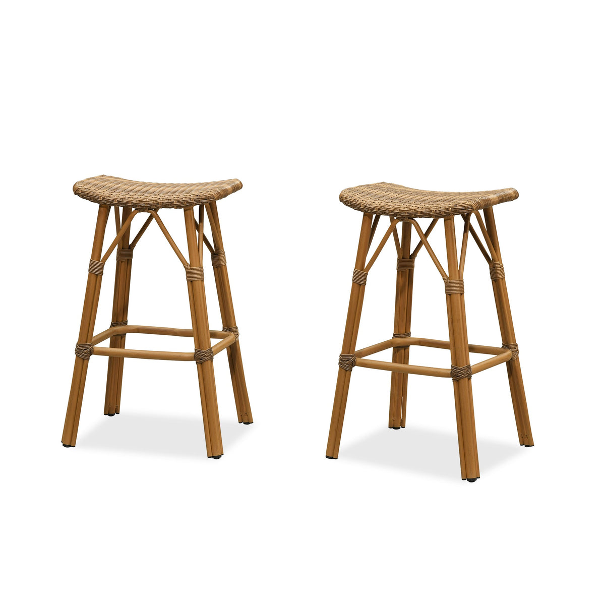 PURPLE LEAF Outdoor Bar Stools Set of 2 Backless Rattan Barstools with Saddle Seat and Footrest All Weather Aluminum Bar Chairs for Patio Kitchen Island Pool Balcony