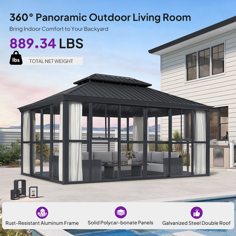 PURPLE LEAF Luxury Sunroom Solarium 360° Transparent Outdoor Living Room with Elegant Curtains Outdoor Gazebo with 4-Side Sliding Doors and Windows for Entertaining with String Lights