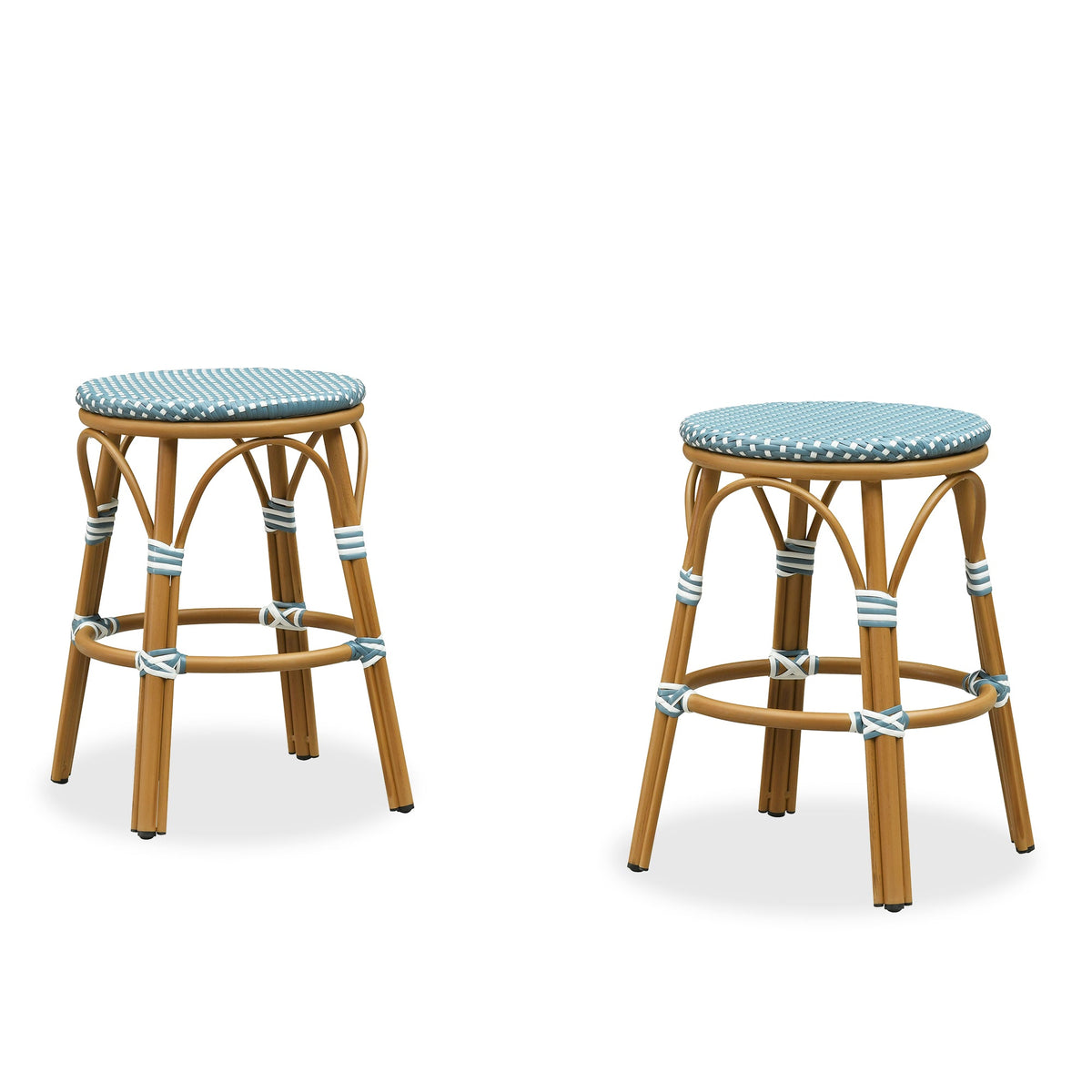 PURPLE LEAF Patio French Round Counter Stool Set of 2 Rattan Backless Stackable Barstools Aluminum Frame Footrest with Woven Wicker for Outdoor Kitchen Yard