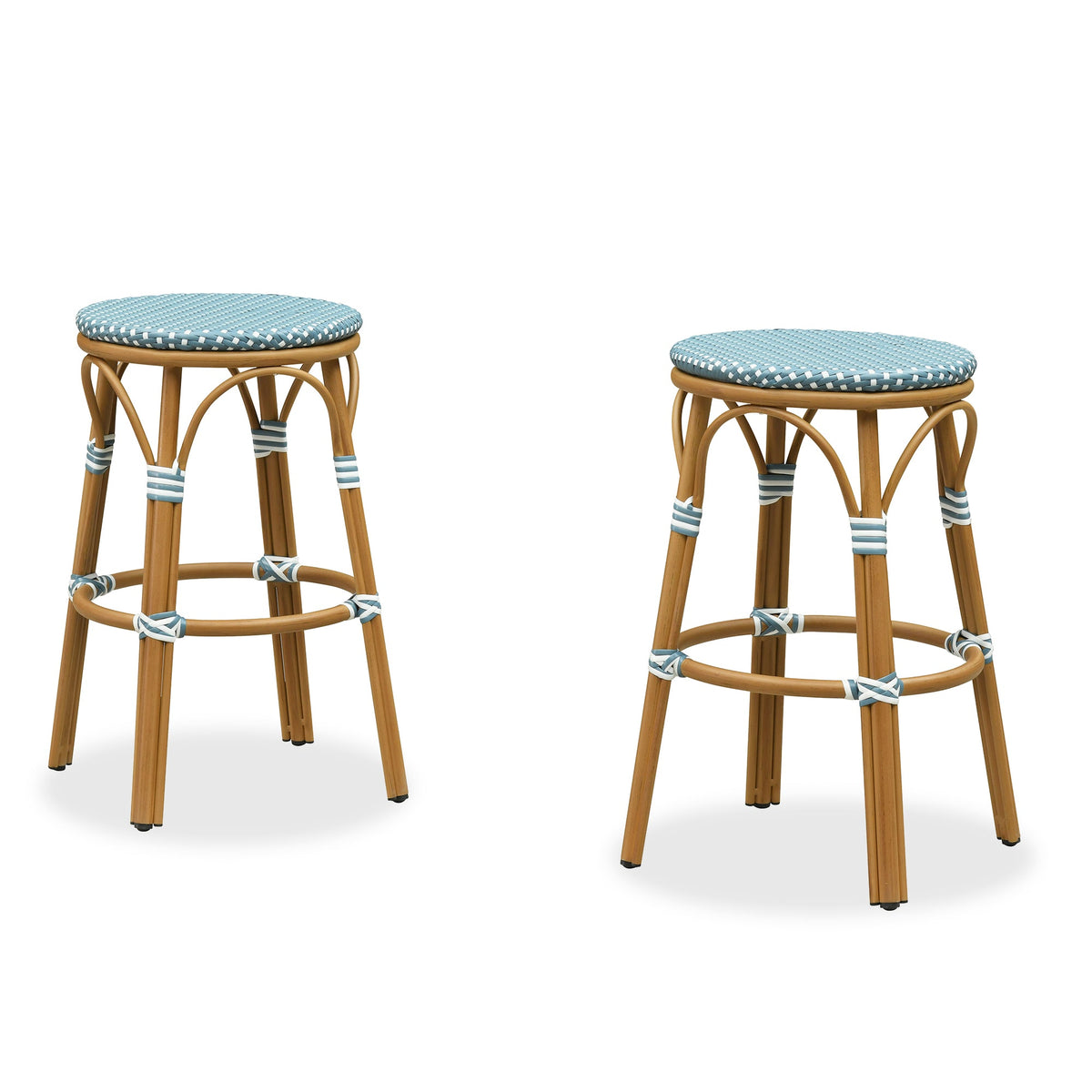 PURPLE LEAF Patio French Round Counter Stool Set of 2 Rattan Backless Stackable Barstools Aluminum Frame Footrest with Woven Wicker for Outdoor Kitchen Yard