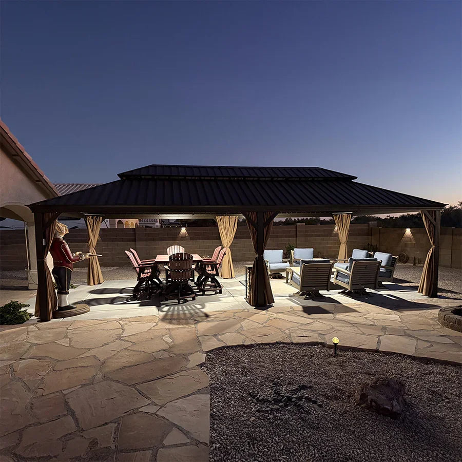 PURPLE LEAF Outdoor Hardtop Gazebo for Garden Bronze Double Roof Aluminum Frame Pavilion with String Lights-milky