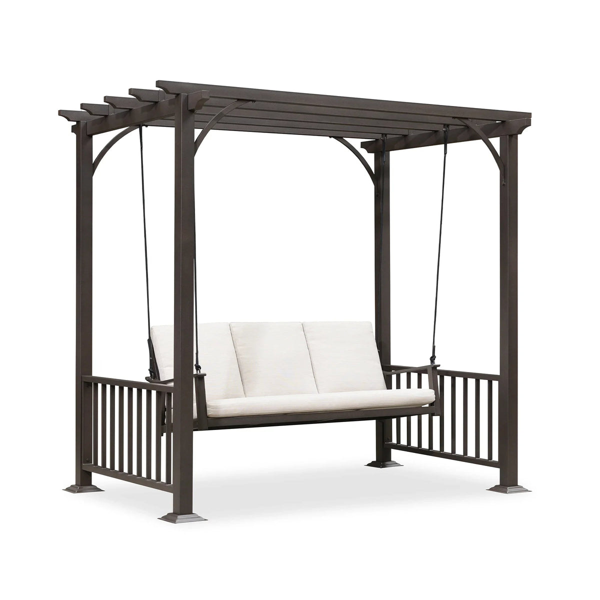 PURPLE LEAF 3-Seat Outdoor Metal Pergola Swing Bed Hanging Cloud Black rope Swing Chair with Stand Cushions & Pillows for Outdoor