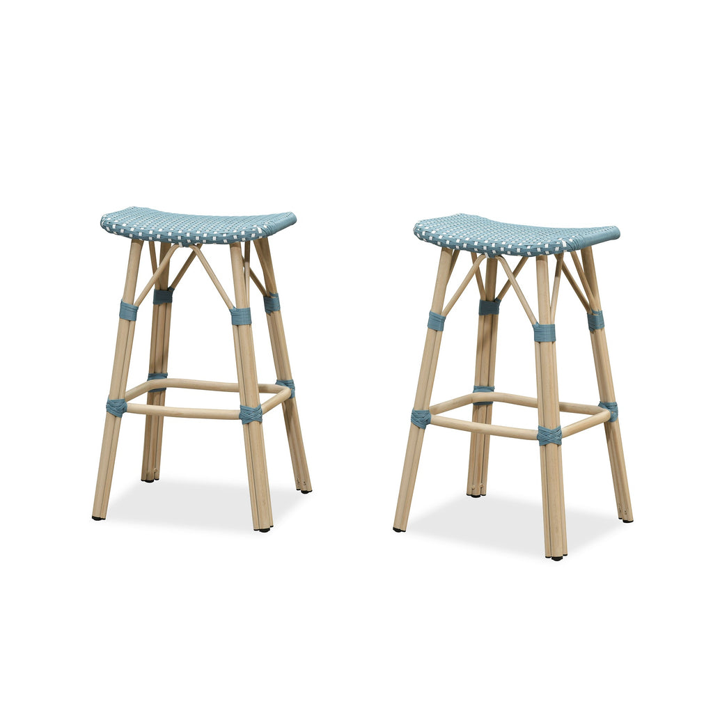 PURPLE LEAF Outdoor Bar Stools Set of 2 Backless Rattan Barstools with Saddle Seat and Footrest All Weather Aluminum Bar Chairs for Patio Kitchen Island Pool Balcony