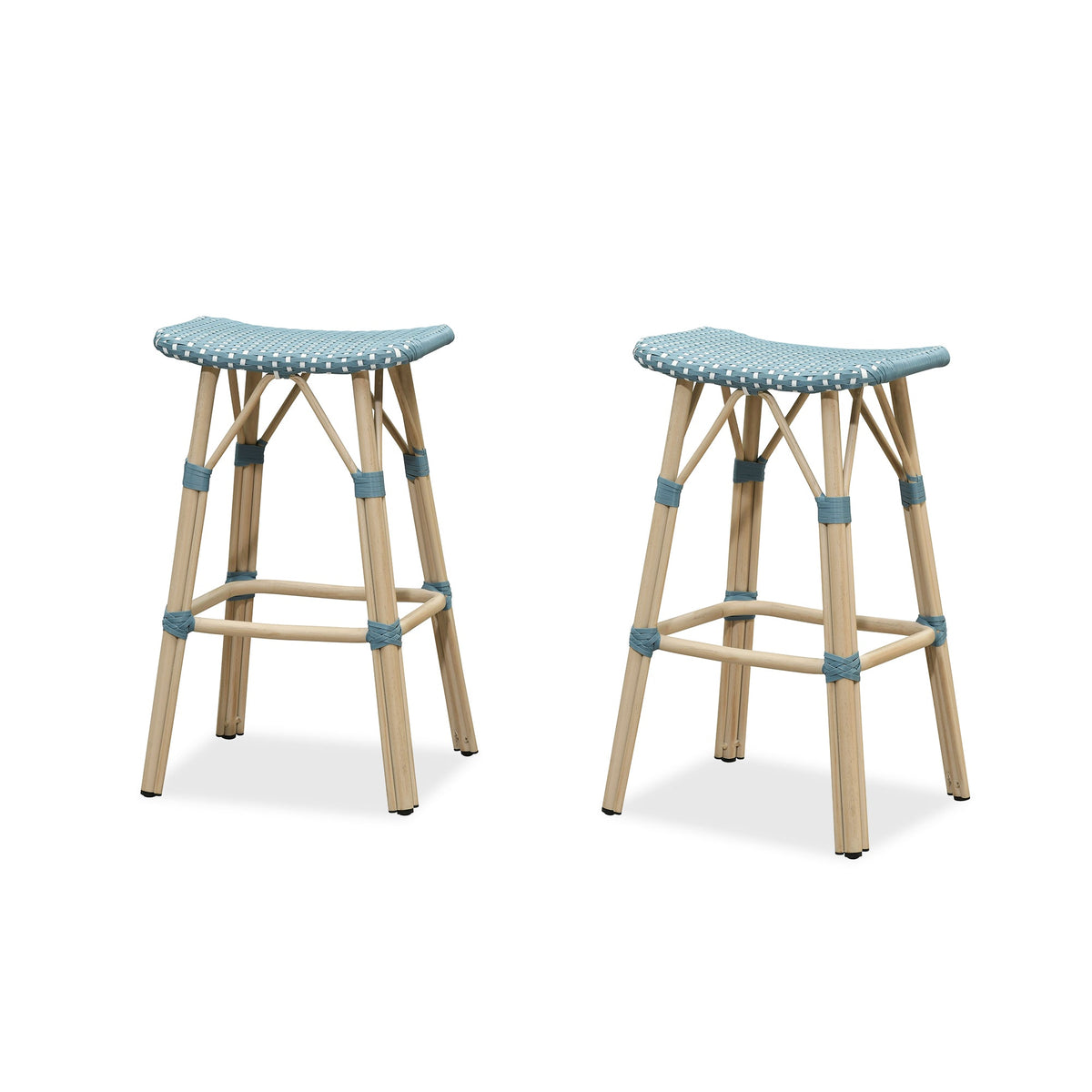 PURPLE LEAF Outdoor Bar Stools Set of 2 Backless Rattan Barstools with Saddle Seat and Footrest All Weather Aluminum Bar Chairs for Patio Kitchen Island Pool Balcony