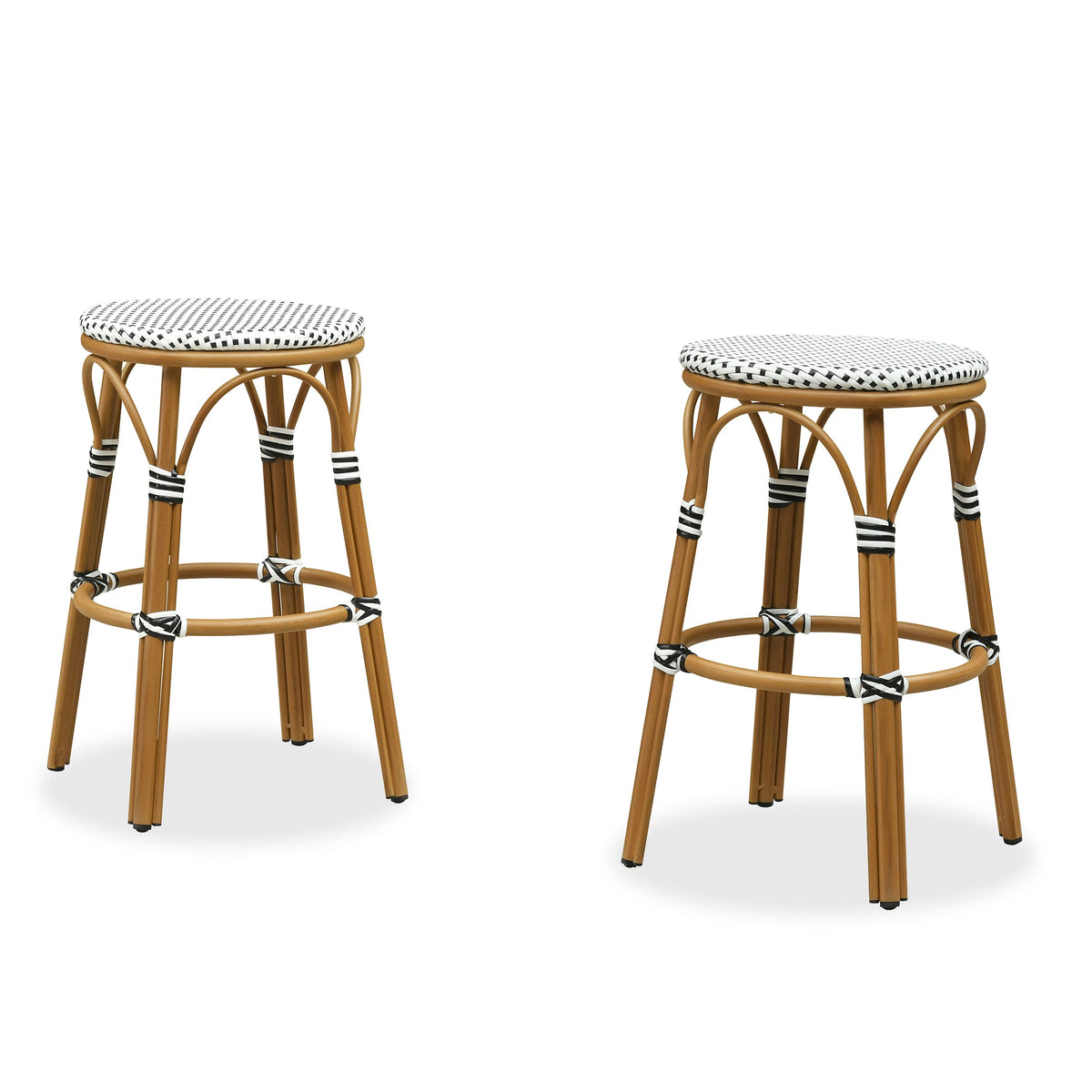 PURPLE LEAF Patio French Round Counter Stool Set of 2 Rattan Backless Stackable Barstools Aluminum Frame Footrest with Woven Wicker for Outdoor Kitchen Yard