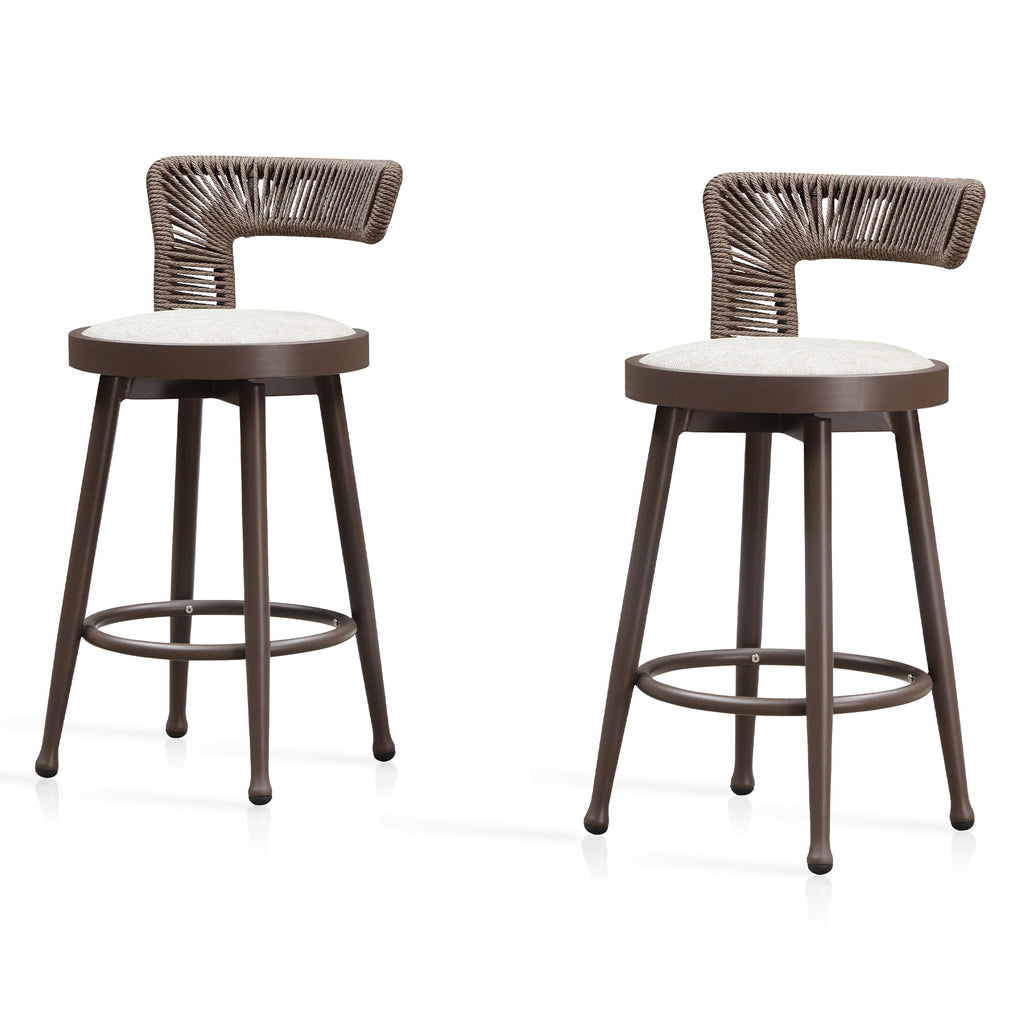 PURPLE LEAF Outdoor Swivel Bar Stools Set of 2 Metal Modern Rattan Bar Chairs with Backrest Aluminum Woven Barstools with Cushions