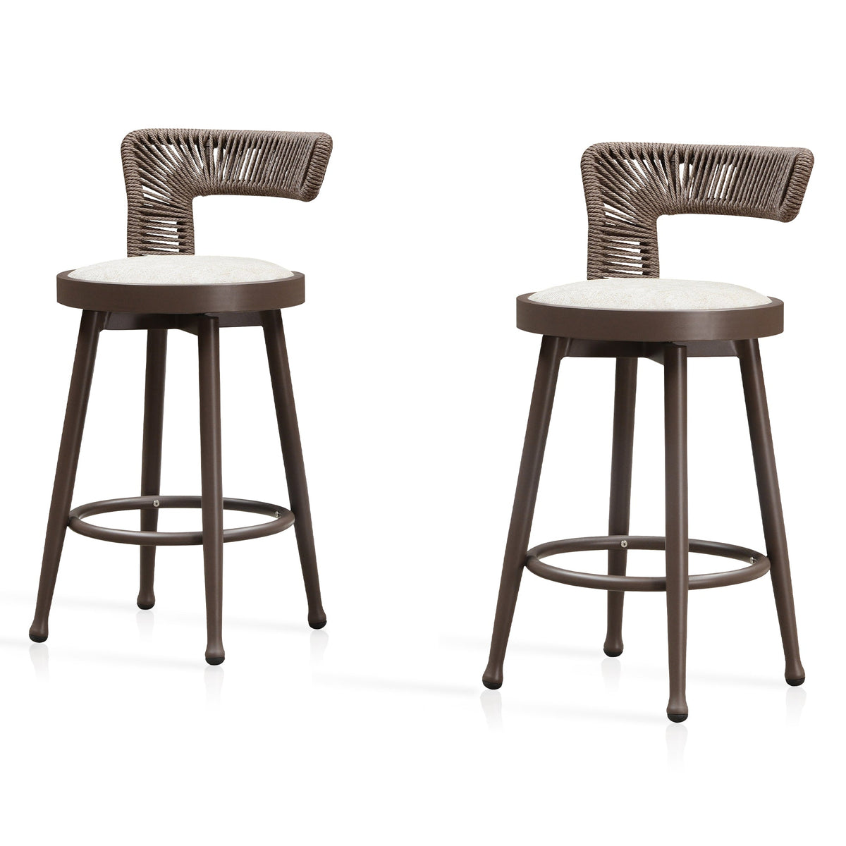 PURPLE LEAF Outdoor Swivel Bar Stools Set of 2 Metal Modern Rattan Bar Chairs with Backrest Aluminum Woven Barstools with Cushions