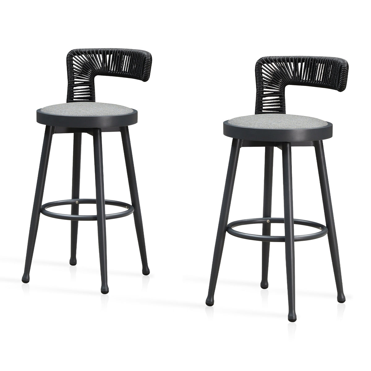 PURPLE LEAF Outdoor Swivel Bar Stools Set of 2 Metal Modern Rattan Bar Chairs with Backrest Aluminum Woven Barstools with Cushions