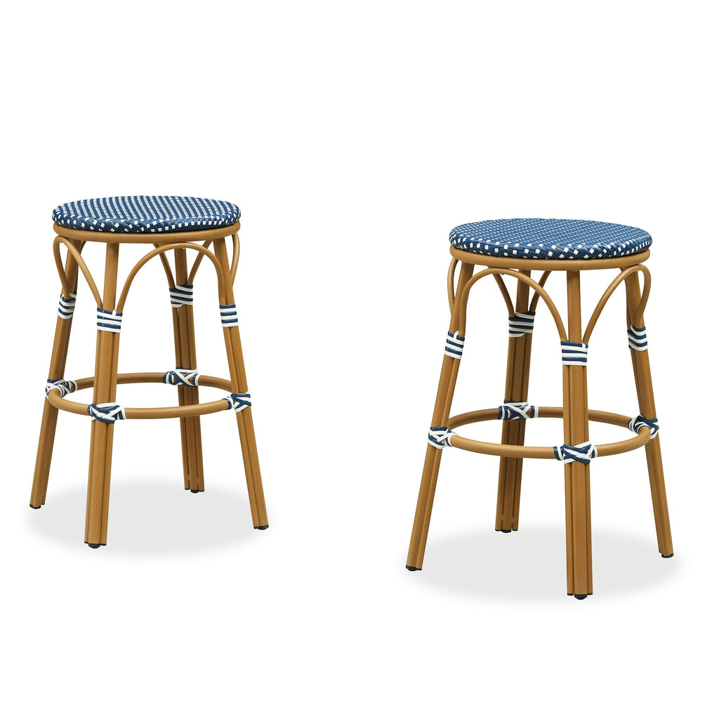 PURPLE LEAF Patio French Round Counter Stool Set of 2 Rattan Backless Stackable Barstools Aluminum Frame Footrest with Woven Wicker for Outdoor Kitchen Yard