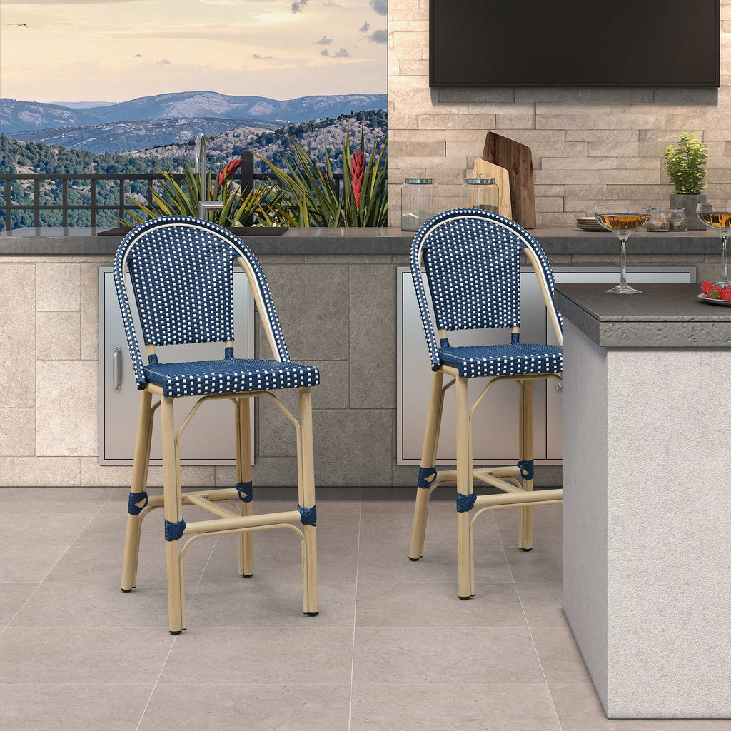 PURPLE LEAF Patio French Counter Stool Set of 2 Outdoor Backrest Barstools Aluminum Frame Woven Rattan for Indoor Kitchen Garden Balcony Restaurant