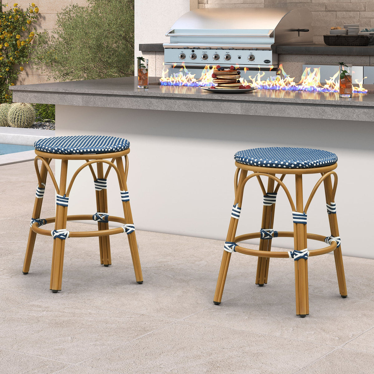 PURPLE LEAF Patio French Round Counter Stool Set of 2 Rattan Backless Stackable Barstools Aluminum Frame Footrest with Woven Wicker for Outdoor Kitchen Yard