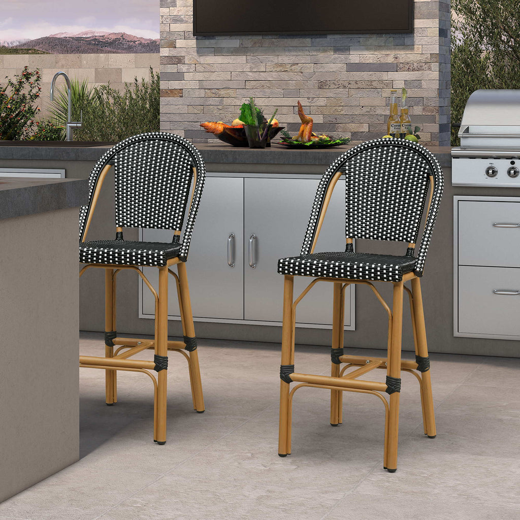 PURPLE LEAF Patio French Counter Stool Set of 2 Outdoor Backrest Barstools Aluminum Frame Woven Rattan for Indoor Kitchen Garden Balcony Restaurant