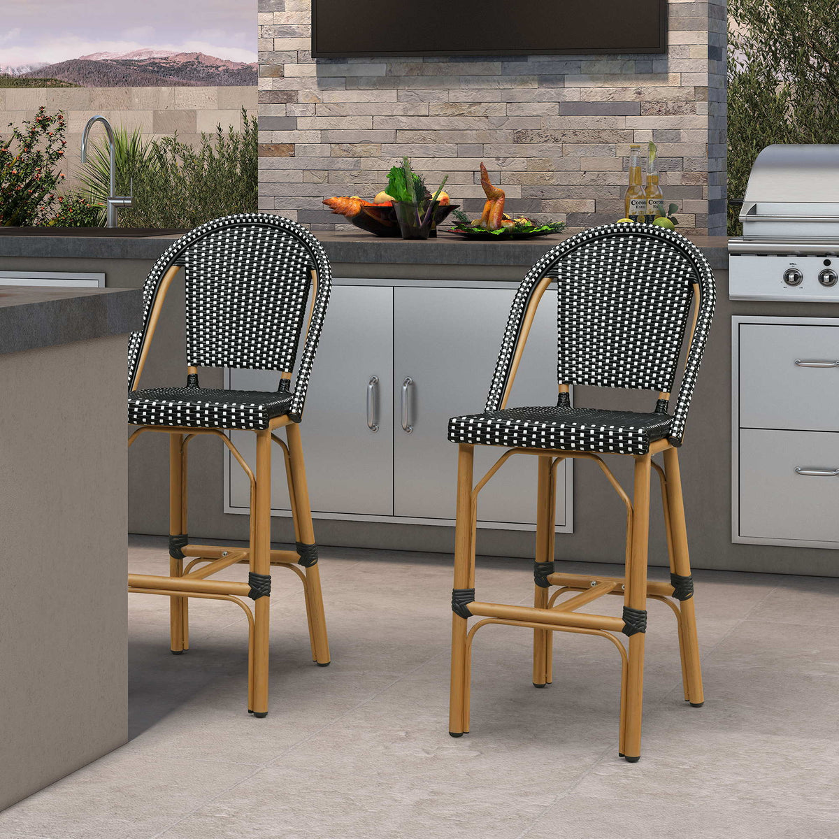 PURPLE LEAF Patio French Counter Stool Set of 2 Outdoor Backrest Barstools Aluminum Frame Woven Rattan for Indoor Kitchen Garden Balcony Restaurant