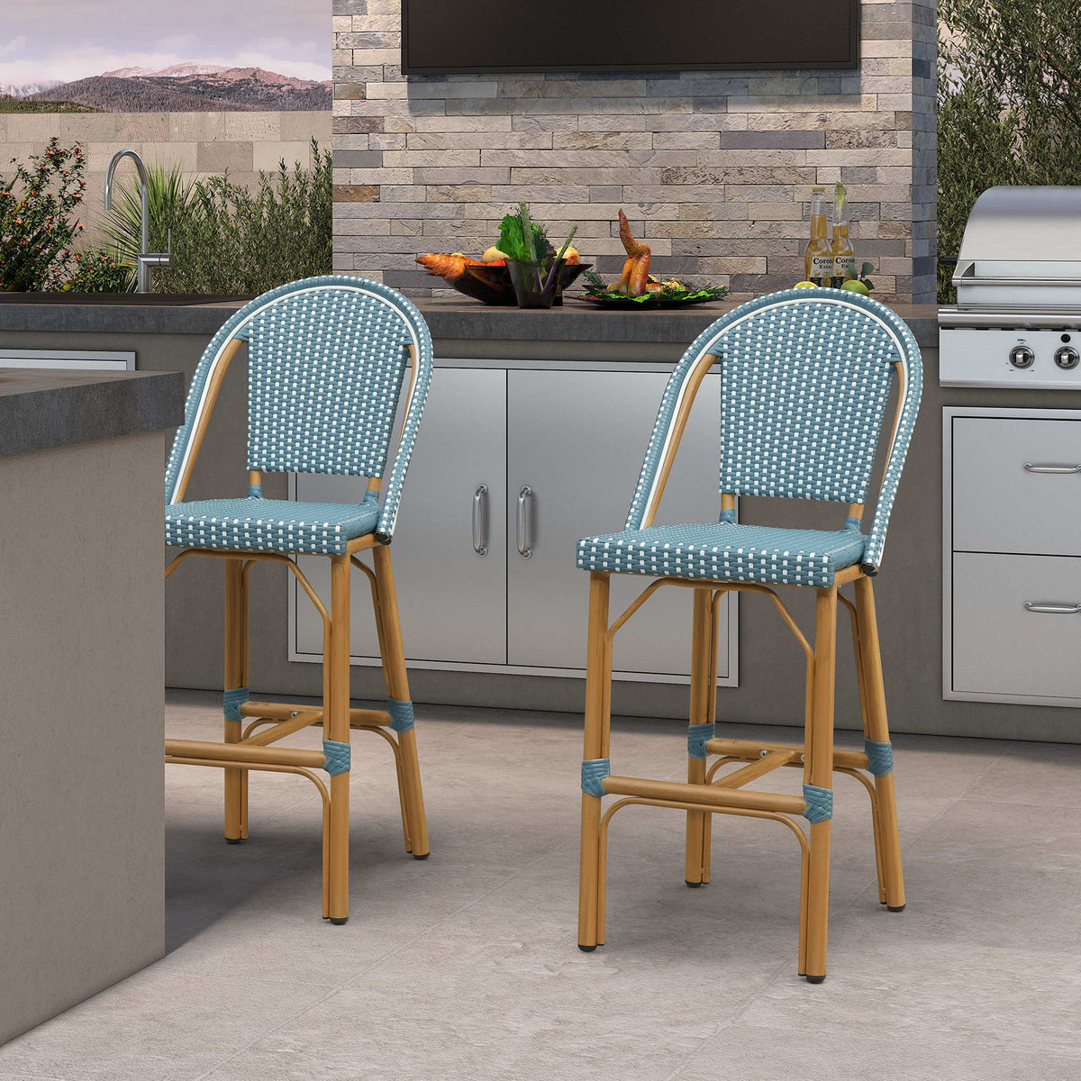 PURPLE LEAF Patio French Counter Stool Set of 2 Outdoor Backrest Barstools Aluminum Frame Woven Rattan for Indoor Kitchen Garden Balcony Restaurant