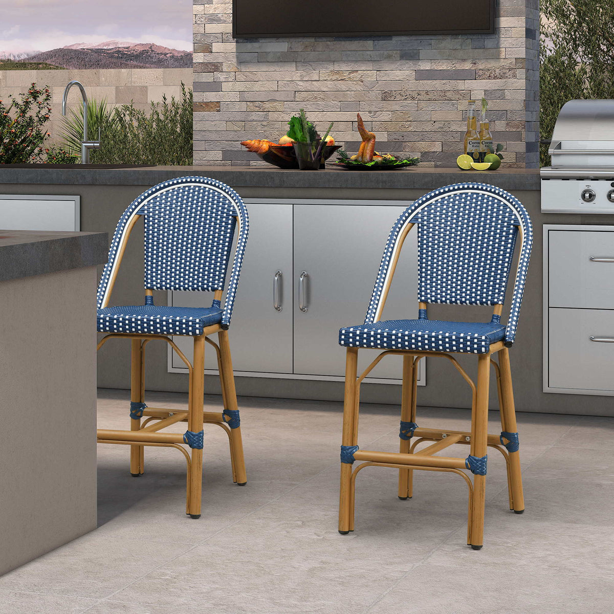 PURPLE LEAF Patio French Counter Stool Set of 2 Outdoor Backrest Barstools Aluminum Frame Woven Rattan for Indoor Kitchen Garden Balcony Restaurant
