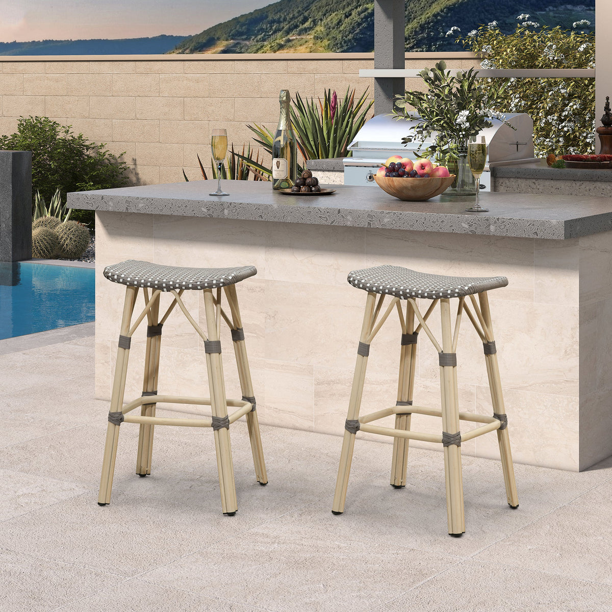 PURPLE LEAF Outdoor Bar Stools Set of 2 Backless Rattan Barstools with Saddle Seat and Footrest All Weather Aluminum Bar Chairs for Patio Kitchen Island Pool Balcony