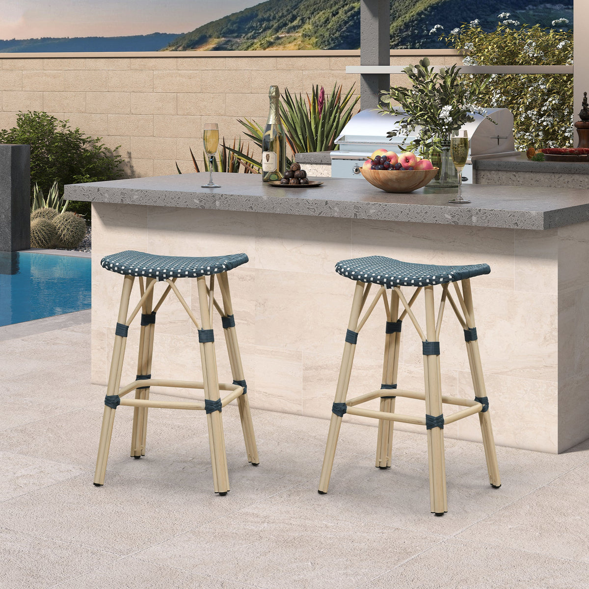 PURPLE LEAF Outdoor Bar Stools Set of 2 Backless Rattan Barstools with Saddle Seat and Footrest All Weather Aluminum Bar Chairs for Patio Kitchen Island Pool Balcony