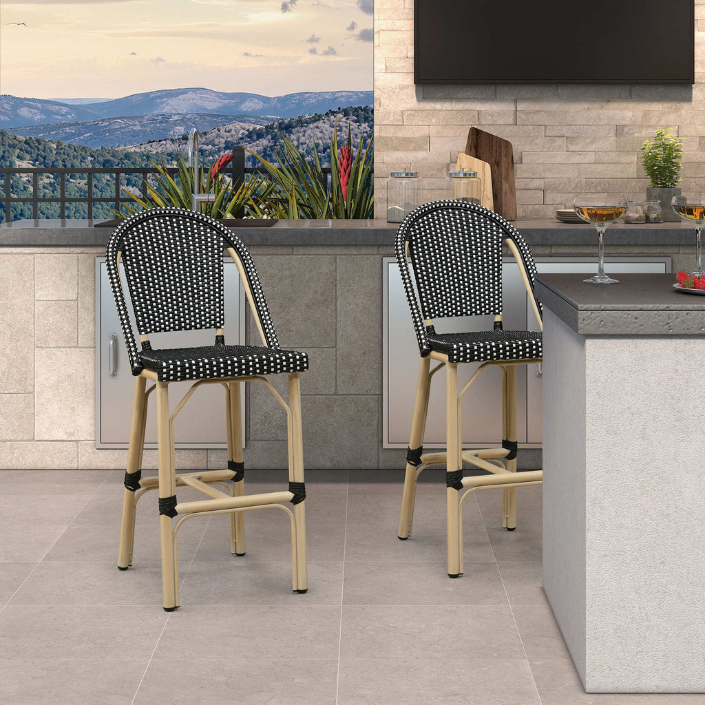 PURPLE LEAF Patio French Counter Stool Set of 2 Outdoor Backrest Barstools Aluminum Frame Woven Rattan for Indoor Kitchen Garden Balcony Restaurant