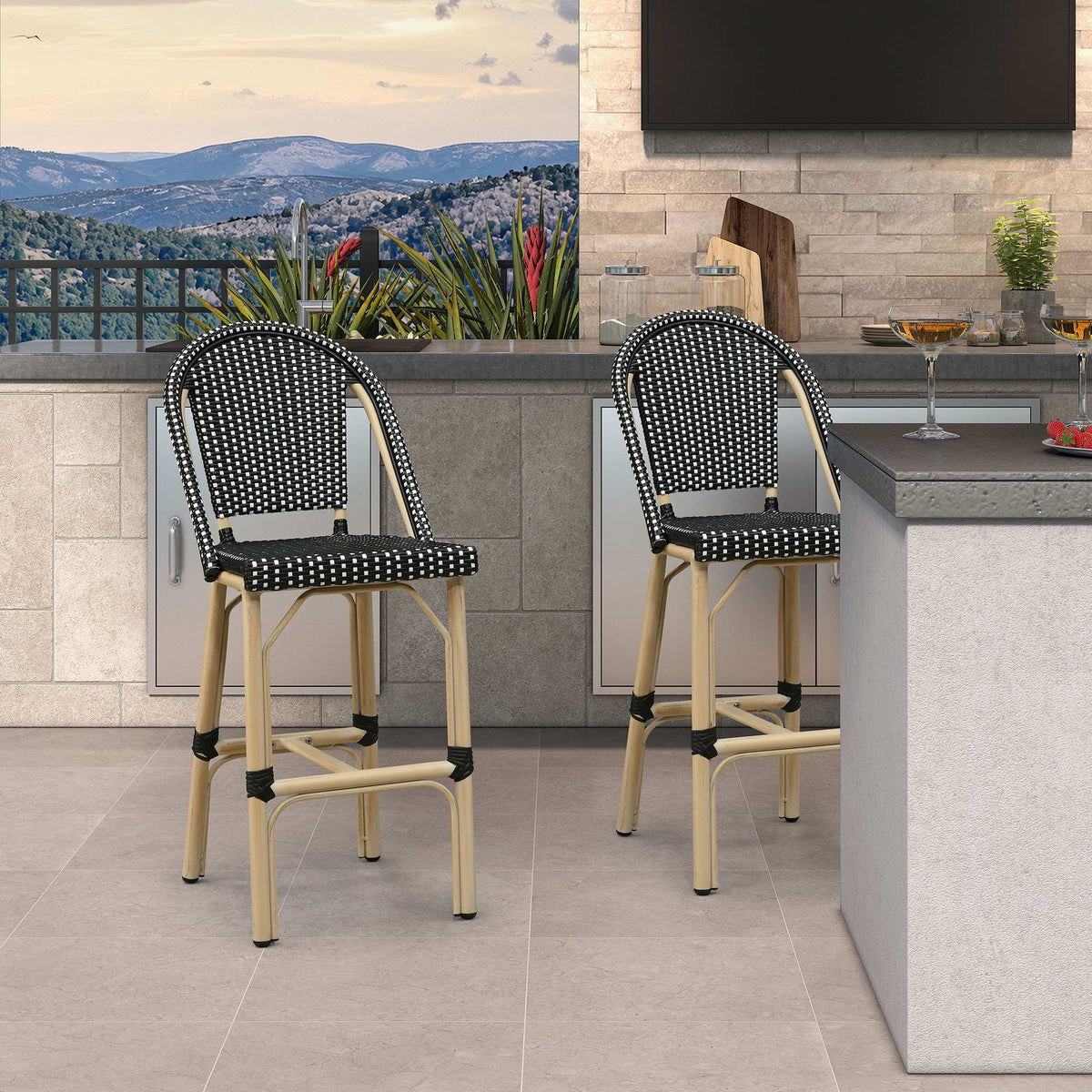 PURPLE LEAF Patio French Counter Stool Set of 2 Outdoor Backrest Barstools Aluminum Frame Woven Rattan for Indoor Kitchen Garden Balcony Restaurant
