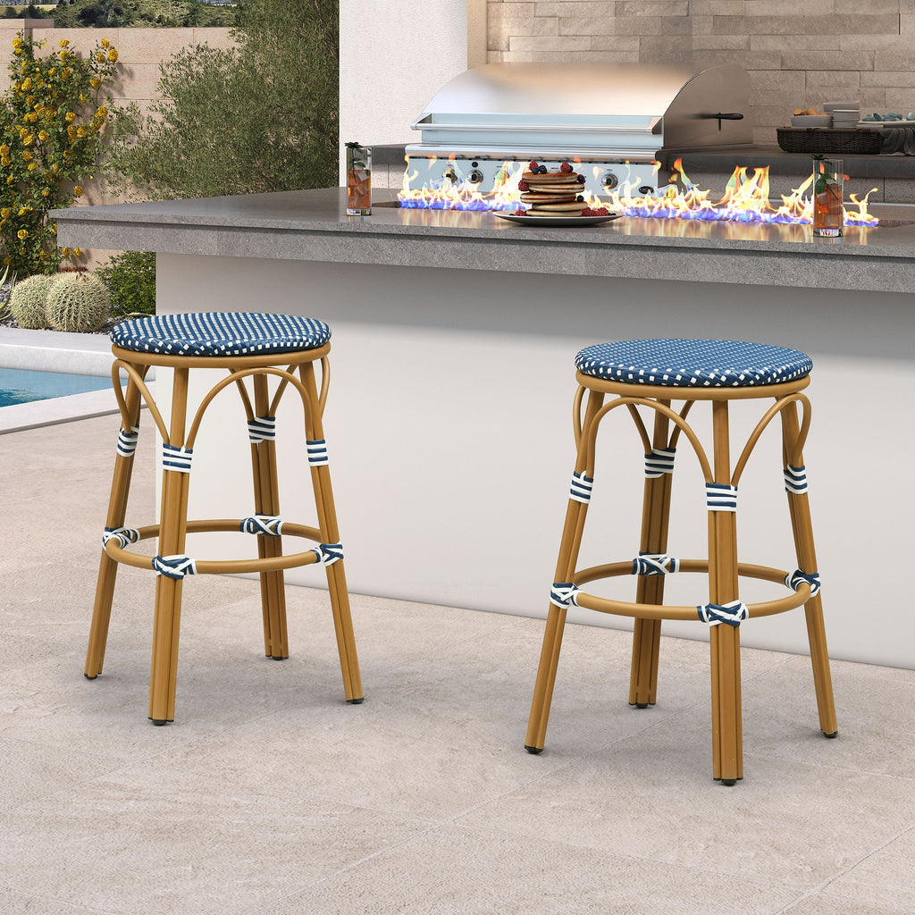PURPLE LEAF Patio French Round Counter Stool Set of 2 Rattan Backless Stackable Barstools Aluminum Frame Footrest with Woven Wicker for Outdoor Kitchen Yard