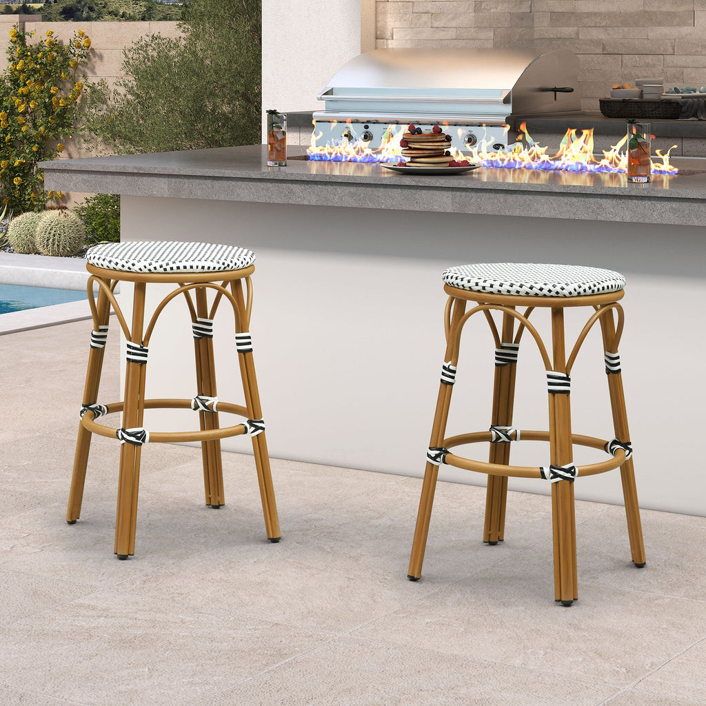 PURPLE LEAF Patio French Round Counter Stool Set of 2 Rattan Backless Stackable Barstools Aluminum Frame Footrest with Woven Wicker for Outdoor Kitchen Yard