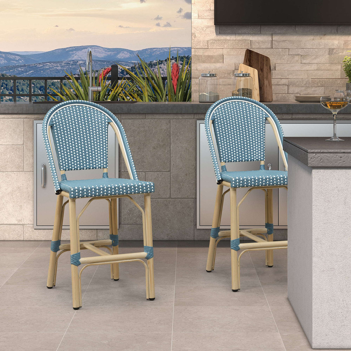 PURPLE LEAF Patio French Counter Stool Set of 2 Outdoor Backrest Barstools Aluminum Frame Woven Rattan for Indoor Kitchen Garden Balcony Restaurant