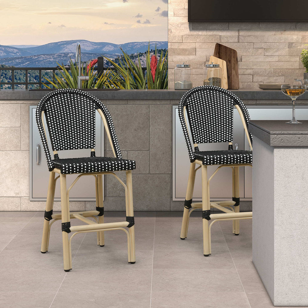 PURPLE LEAF Patio French Counter Stool Set of 2 Outdoor Backrest Barstools Aluminum Frame Woven Rattan for Indoor Kitchen Garden Balcony Restaurant