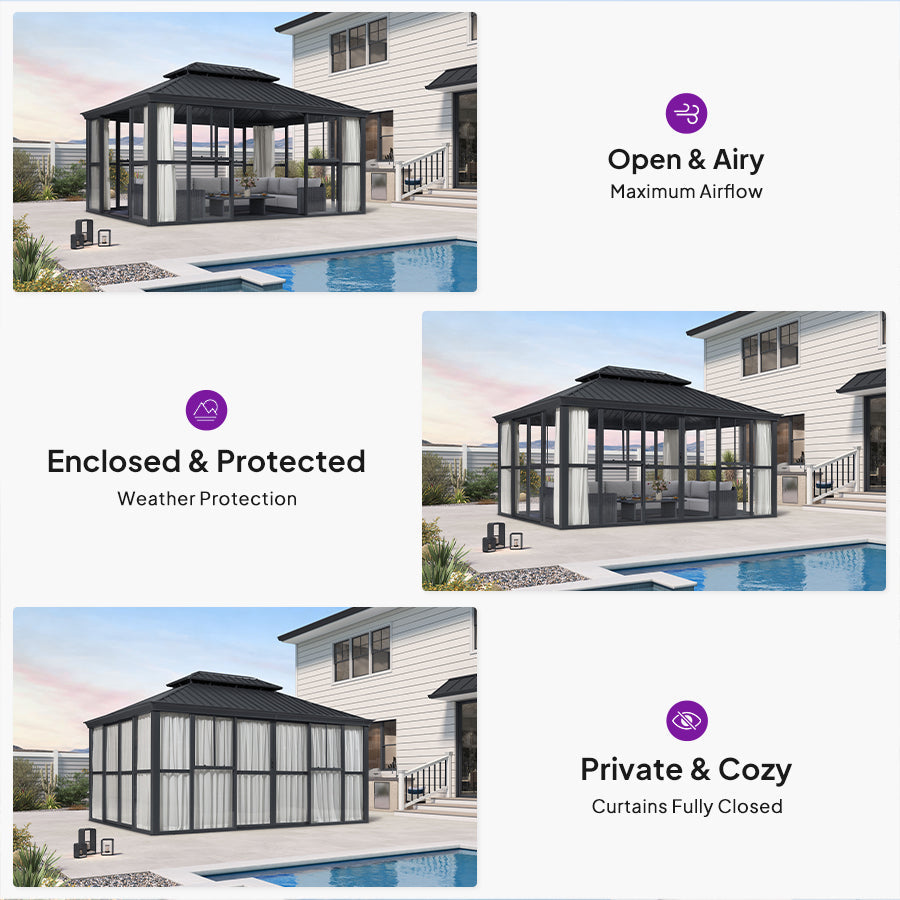 PURPLE LEAF Luxury Sunroom Solarium 360° Transparent Outdoor Living Room with Elegant Curtains Outdoor Gazebo with 4-Side Sliding Doors and Windows for Entertaining with String Lights