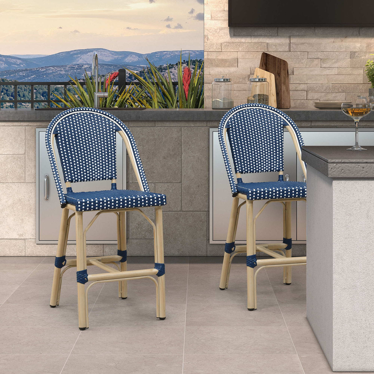 PURPLE LEAF Patio French Counter Stool Set of 2 Outdoor Backrest Barstools Aluminum Frame Woven Rattan for Indoor Kitchen Garden Balcony Restaurant