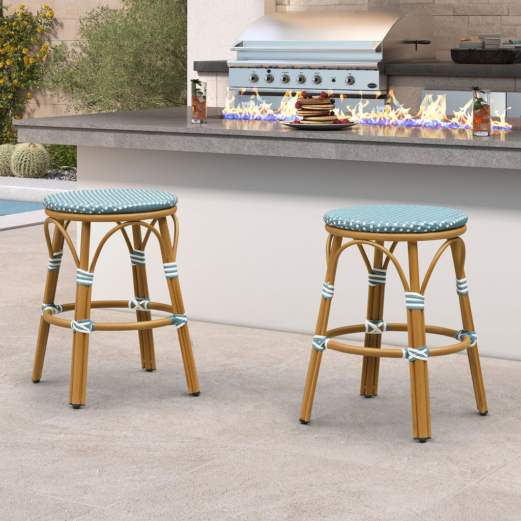 PURPLE LEAF Patio French Round Counter Stool Set of 2 Rattan Backless Stackable Barstools Aluminum Frame Footrest with Woven Wicker for Outdoor Kitchen Yard