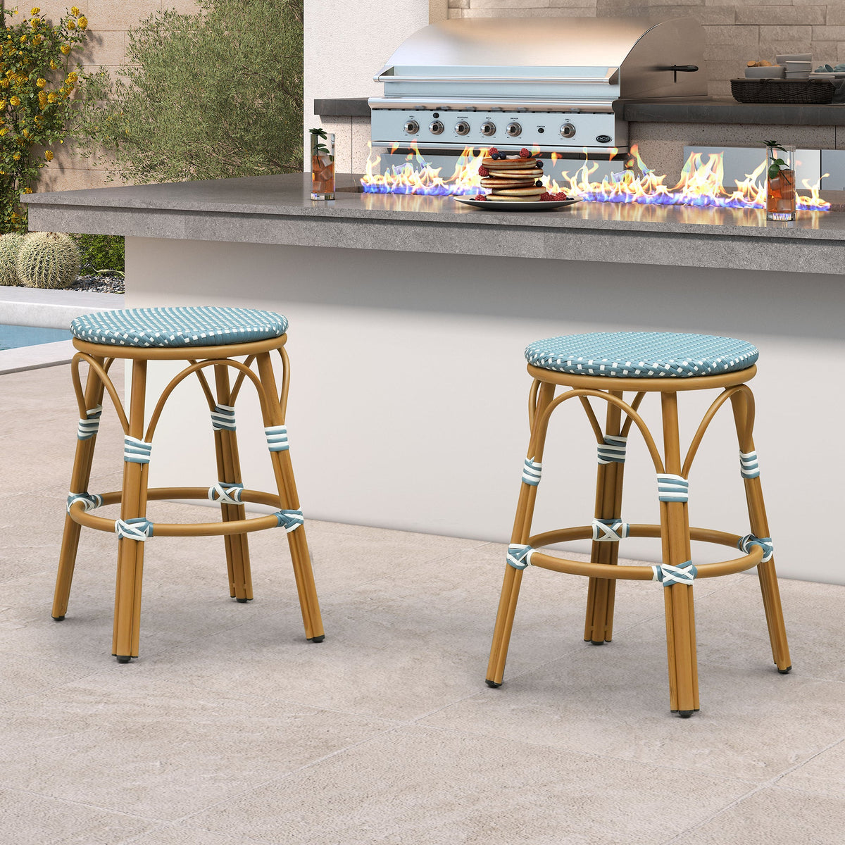 PURPLE LEAF Patio French Round Counter Stool Set of 2 Rattan Backless Stackable Barstools Aluminum Frame Footrest with Woven Wicker for Outdoor Kitchen Yard